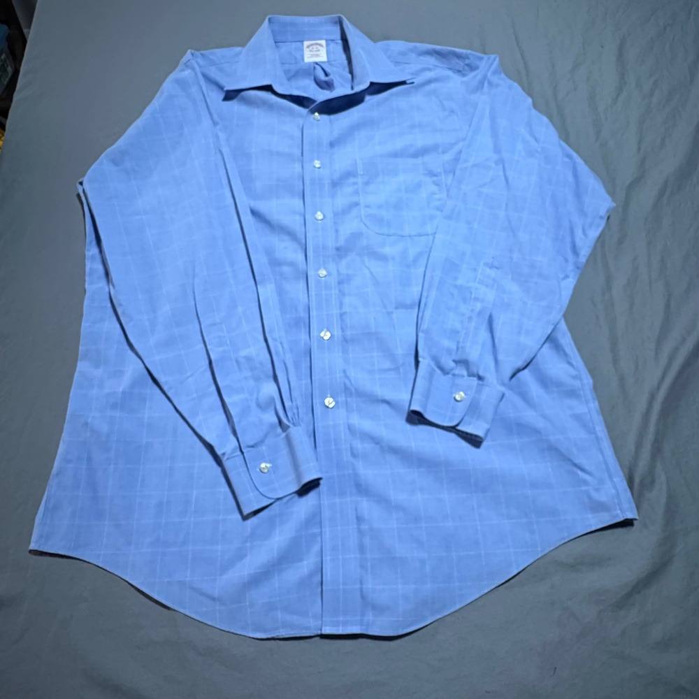 Brooks Brothers Non-Iron Dress‎ Shirt Mens 16-34 Blue Glen Plaid Traditional Fit